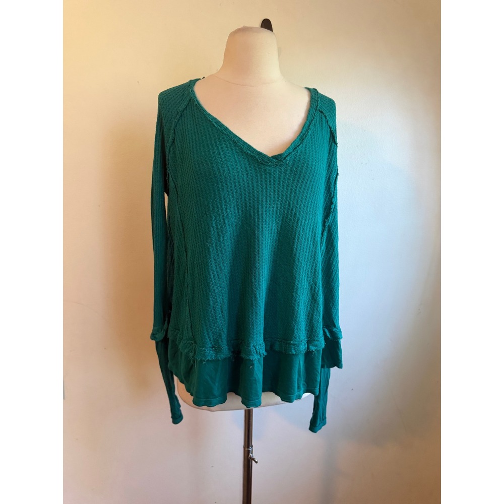 Free People We The Free Teal Waffle Knit Thermal V-Neck Top XS Oversized Raw Hem